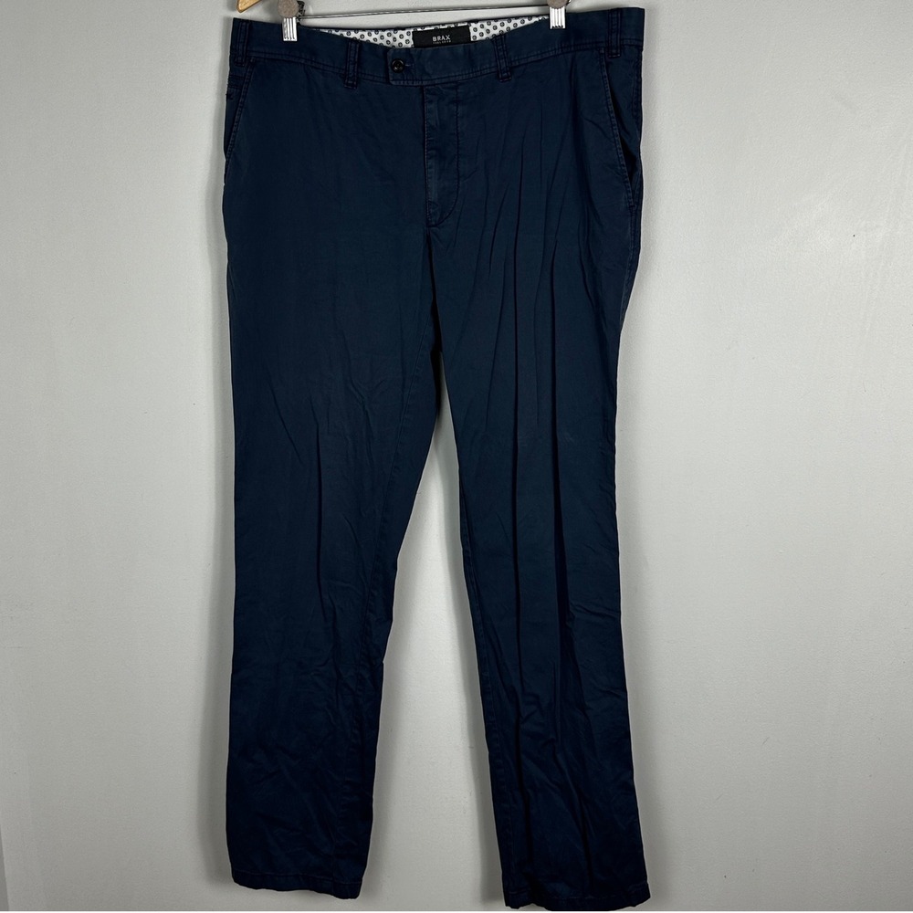 Brax Mens Pants 40/34 Evans Regular Fit Navy Blue Cotton Blend Chinos Trousers